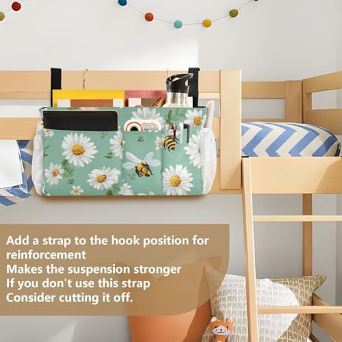 Bedside Caddy Hanging Bunk Bed Caddy Bed Organizer Hanging Pocket with 2 Hooks Bedside Storage Organizer Pocket Bag Holder Mint Green Daisy Flowers and Bees