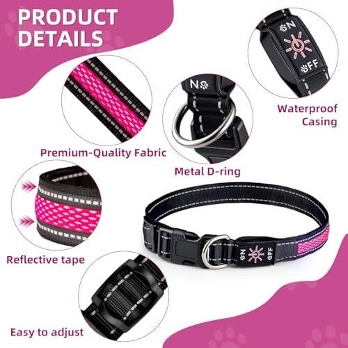 Light Up Dog Collar: Rechargeable Waterproof Safety Pet Accessories - Glow in The Dark Dogs Collars for Night Walking - Best Flashing Neon Pink Lights and Glowing Lighted Gear in Nite Time