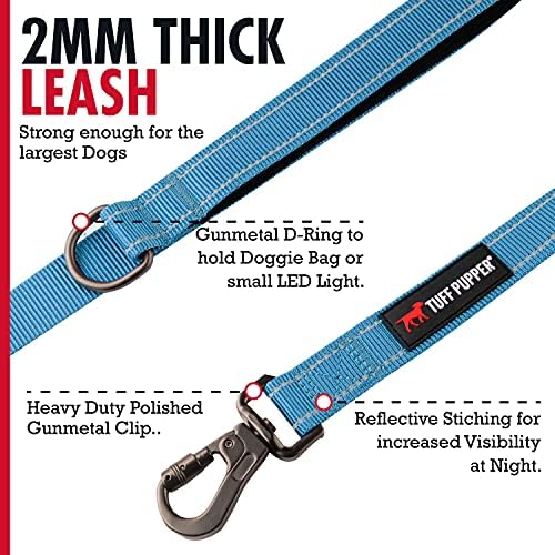 Tuff Pupper Heavy Duty Double Handle Leash | Twist Locking Carabiner Clip | Safety Lock for Strong Dogs | Reflective for Safe Night Walks | 6 Foot Leash | For Medium & Large Dogs