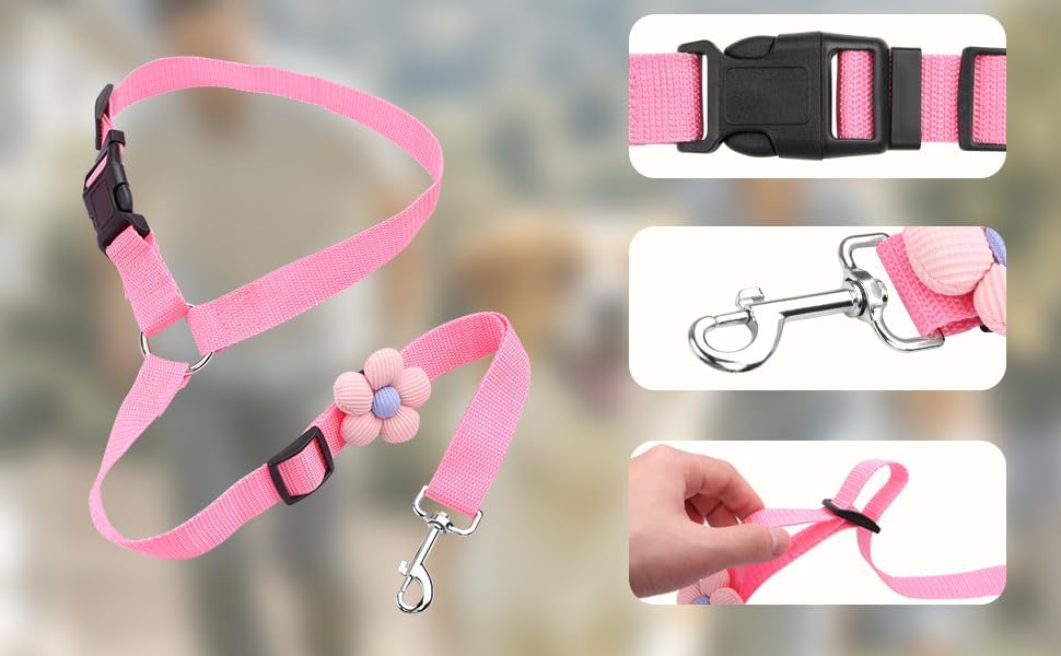 YAOHDAO Dog Seat Belt Harness for Car, Restraint Adjustable with Elastic Bungee Buffer Headrest for Vehicle, 360 Degree Swivel Nylon Pet Safety Seat Belts Car Harness (Pink with Flowers)