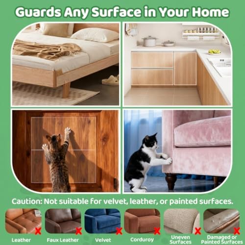 Cat Scratch Furniture Protector, 200" x 8.2" Extra-Long Clear Self-Adhesive Couch Protector from Cat Claws, 0.15mm Thick Anti-Scratch Guard for Fabric Sofas, Wood & Doors, Clean Removal(with Scraper)