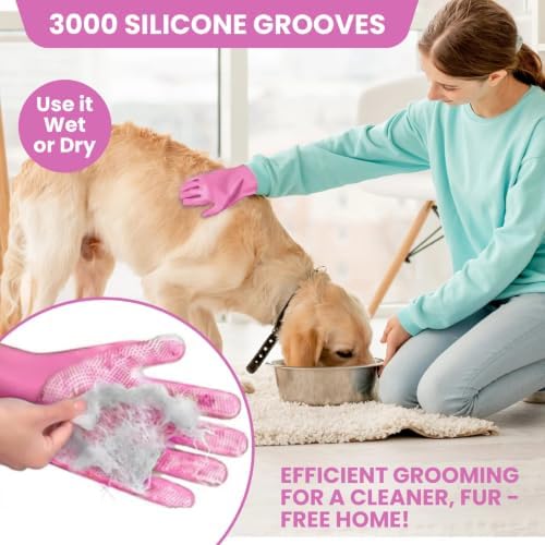 9PCS Pet Grooming & Bathing Kit with Storage Bag for Dogs & Cats, Silicone Washing Gloves, Shampoo Brush, Shedding, Cleaning & Massage (Pink)