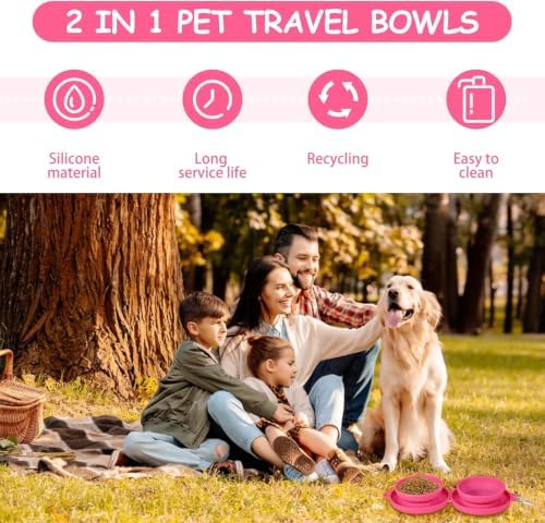 Collapsible Dog Water Bowl 2 in 1 Foldable Pet Food and Water Bowl Portable Cats Dishes with Carabiner Clip for Traveling Hiking Camping Walking (Pink)