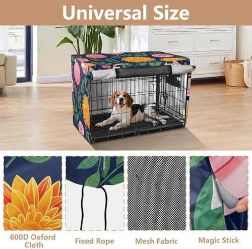 Kigai Flowers Dog Crate Cover Oxford Fabric Windproof Waterproof Kennel Cover with Breathable Mesh & Roll-Up Panels, Fit for 35 in Cage, Washable