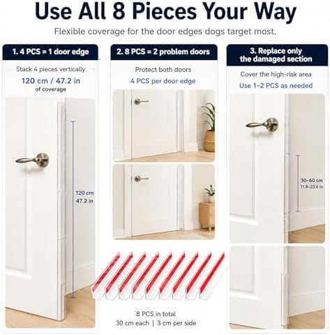 Door Frame Protector Dog Chewing: 8 Pack Clear PC L-Shaped Door Edge Guards, Self-Adhesive Door Gap & Jamb Protector for Dogs Scratching, Chewing, Clawing, 11.8 x 1.18 in Each Side (8, 11.8inch)