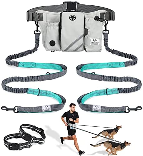 SHINE HAI Retractable Hands Free Dog Leash with Dual Bungees for 2 Dogs, Adjustable Waist Belt, Reflective Stitching Leash for Running Walking Hiking Jogging Biking Black - Gray2
