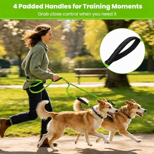 Hands Free Double Dog Leash, 4 Reflective Padded Handles, Adjustable Waist Belt 27-51", Shock-Absorbing Bungee, 360° Swivel Clips, for Small, Medium & Large Dogs, Walking Jogging Running