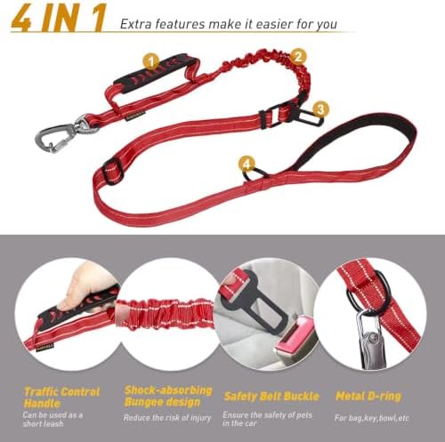 AUBELL Tactical Dog Leash Heavy Duty,4-6ft No Pull Bungee Leash,Red