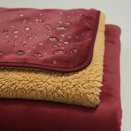 Waterproof Reversible Blanket - Leakproof Furniture Protector, Throw for Sofa, Bed, Car Seat, Couch Cover for People, Pets, Cats & Dogs - Machine Washable - Red Wine Flannel & Gold Sherpa (40” x 60”)