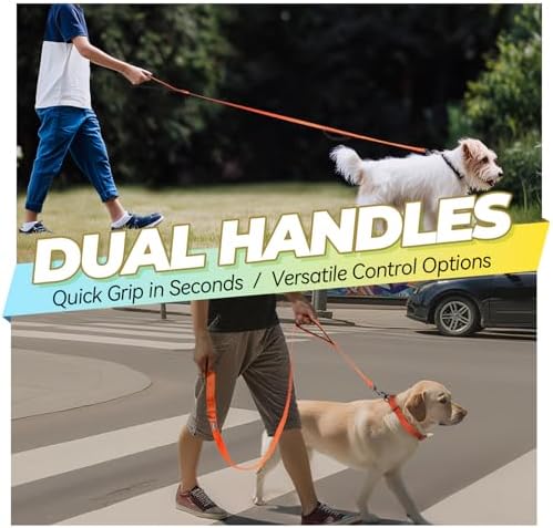 VIVAGLORY Double Handle Dog Leash Twingrip, 5ft x 1/2in, Orange