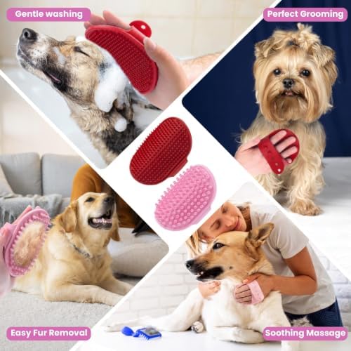 9PCS Pet Grooming & Bathing Kit with Storage Bag for Dogs & Cats, Silicone Washing Gloves, Shampoo Brush, Shedding, Cleaning & Massage (Pink)