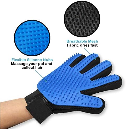 Pets First Dog Grooming Gloves Best Professional Deshedding, Brushing, Cleaning Mitt Tool for Small, Medium or Large Dogs & Cats. Fur & Hair Remover. Prevents Matted Coats. Soft Rubber Bristle Brush
