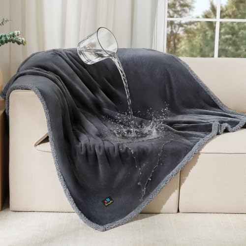 Luciphia Waterproof Pet Blanket, Liquid Pee Proof Dog Blanket for Sofa Bed Couch, Reversible Sherpa Fleece Furniture Protector Cover for Small Medium Large Dogs Cats, Dark Gray Large（65" x 57"）