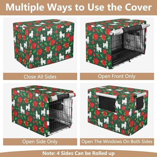 Kigai Christmas Decor Dog Crate Cover Oxford Fabric Windproof Waterproof Kennel Cover with Breathable Mesh & Roll-Up Panels, Fit for 48 in Cage, Washable