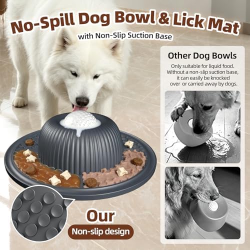 2-in-1 Dog Slow Feeder Bowl & Lick Mat with 2 Rotatable Balls, No-Slip Silicone Anxiety Relief Treat Mat for Dogs & Cats, Dishwasher Safe (Gray)