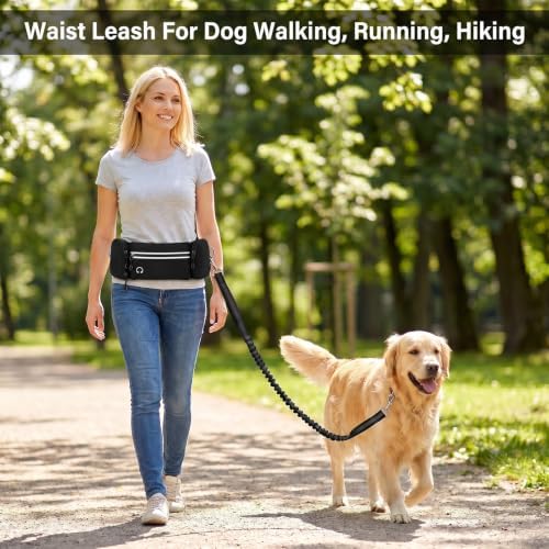 Hands Free Dog Leash 3 Zipper Pounchs with Reflective Strips Poop Bag Dispenser,Waterproof Dog Walking Belt,Dual Handles and Durable Bungee,Waist Leash for Dog Walking,Jogging and Running