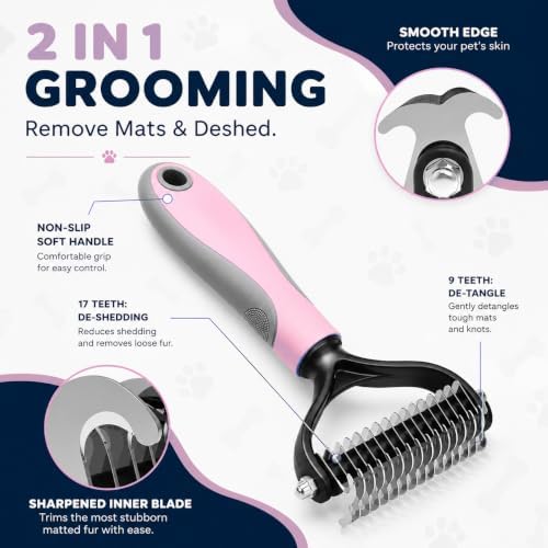 TIROL Dematting Comb for Dogs, Pet Grooming Rake, Double-Sided Dog Brush for Shedding, Undercoat Mat Dematting Tool for Long Haired Cats, Deshedding Brush for Cats, Pink