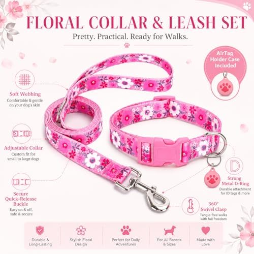 Floral Matching Dog Collar and Leash Set with AirTag Holder-Pink Daisy/L