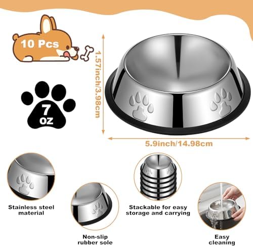 10 Pcs Stainless Steel Dog Bowl, 6.1 Inch Metal Dog Bowl with Non-Slip Rubber Base, Puppy Essentials & Pet Supplies Great for Home & Travel, Dishwasher Safe Pet Food and Water Bowls