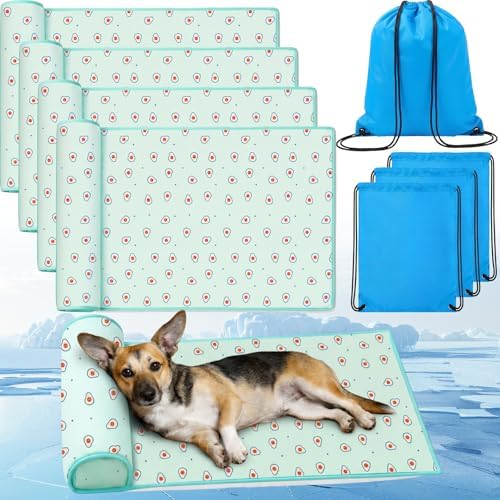 DoubleFill 4 Pack Cooling Pet Mats 23.6" x 31.5" Cooling Dog Beds with Supportive Pillow Self Ice Cool Pads Washable Summer Cat Sleeping Pad with Storage Bag for Summer Crate Floor (Large, Green)
