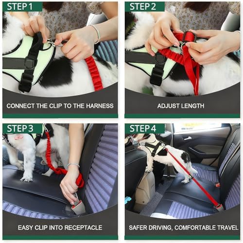 Dog Seat Belt for Car, Adjustable Dog Car Harness, Reflective Dog Seatbelt Leash with Elastic Bungee Buffer, Durable Nylon Pet Safety Dog Seat Belt for All Dog Sizes (Red)