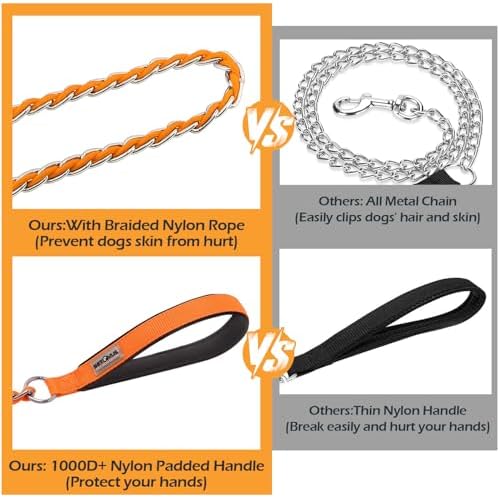 Chain Dog Leash, Bite-Proof Metal Leash, with Padded Handle Orange