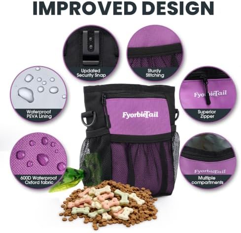 Dog Treat Pouch, 4 Cup Training Bag, Magnetic Closure, 3 Way Wear, Purple