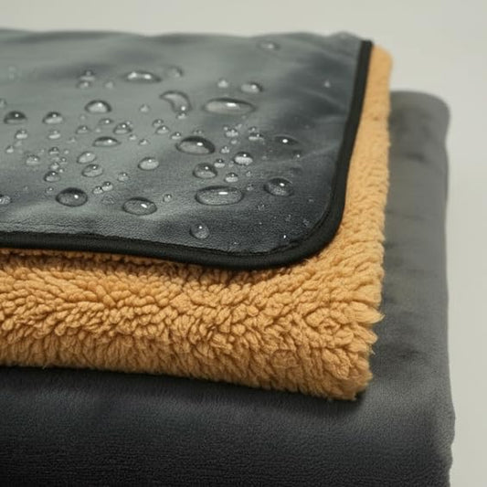 Waterproof Reversible Blanket - Leakproof Furniture Protector, Throw for Sofa, Bed, Car Seat, Couch Cover for People, Pets, Cats & Dogs - Machine Washable - Black Flannel & Gold Sherpa (40” x 60”)