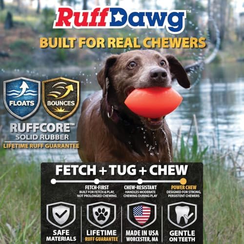 Ruff Dawg Indestructible Football Medium 4” Yellow – Heavy-Duty Solid Rubber Dog Fetch Toy for Dogs Up to 40 lbs – Floats & Crazy Bounce – Made in USA