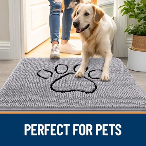 OLANLY Dog Door Mat for Muddy Paws 30x20, Paw Print Design Chenille Mud Mat