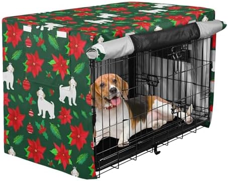 Kigai Christmas Decor Dog Crate Cover Oxford Fabric Windproof Waterproof Kennel Cover with Breathable Mesh & Roll-Up Panels, Fit for 35 in Cage, Washable