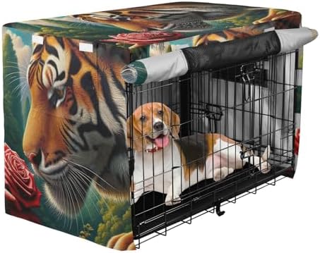 Breathable Animal Tiger Rose Dog Crate Cover Roll-up Side Panels Crate Cover for Dog Owners X-Large