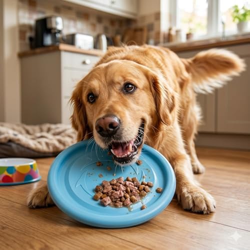 2-in-1 Flying Disc & Slow Feeder Dog Toy - 9.6" Large Floating Aerodynamic Frisbee, Durable Soft Rubber Chew Toy for Fetch, Water Play & Training (Blue)