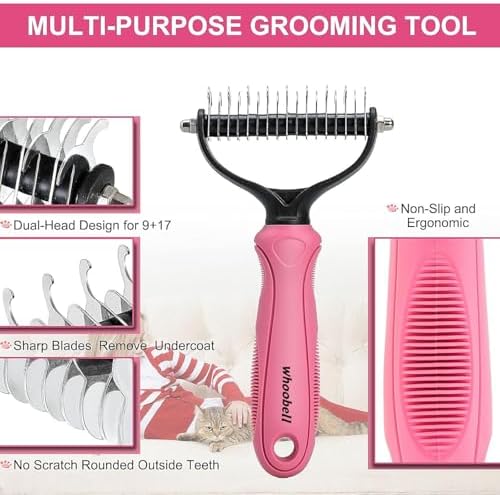 Undercoat Rake for Dogs, whoobell 2 Side Undercoat Brush for Deshedding and Dematting for Dog Cat Rabbit, Professional Pet Grooming HairTools, Removes Loose Undercoat and Nasty Shedding