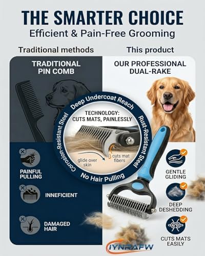 Pet Pro Grooming Tool Dual Tooth Pet Grooming Comb Undercoat Rake for Dogs Cats Long Hair Deshedding Tool Dematting Brush Double Sided Stainless Steel Teeth Remover Mats Tangles Loose Fur