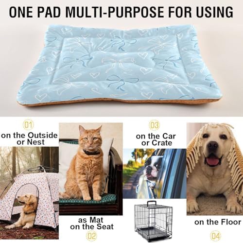 Soft Blue Bows Dog Mat Non-Slip Crate Pad with 4cm Thick Padding Washable Pet Bed Mat for Dog Crate, Car Seat, Floor 36" x 24"