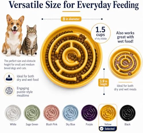 Ceramic Slow Feeder Dog Bowl, 1.5 Cup Puzzle Dish for Small Medium Dogs