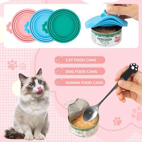 6 PCS Silicone Pet Food Can Covers Lids Set, Multi-Function Cat & Dog Wet Food Can Lids with Stainless Steel Spoon, Built-in Opener, Paw-Shaped Spatula & Treat Squeezer