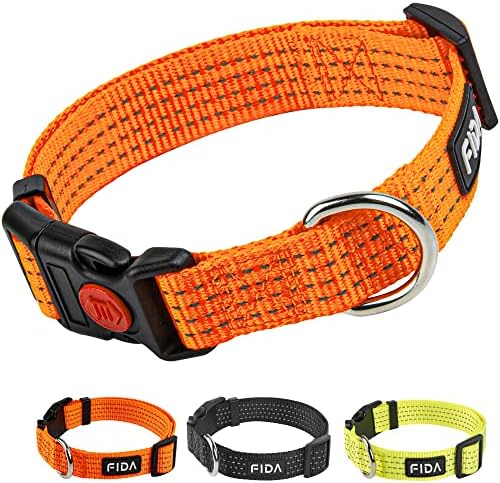 Fida Reflective Nylon Dog Collar with Neon Color for Medium Dogs, Orange