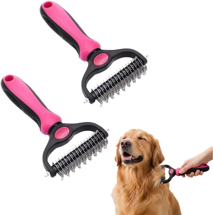 Pet Grooming Tool, Double Sided Deshedding Brush Dematting Rake, Stainless Steel Grooming Comb for Dogs & Cats, Undercoat Rake for Removing Loose Fur, Tangles and Knots (Pink-L, 2 Pack)