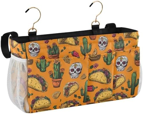 Bedside Caddy Hanging Bunk Bed Caddy Bed Organizer Hanging Pocket with 2 Hooks Bedside Storage Organizer Pocket Bag Holder Orange Mexico Tacos Chilis Skulls