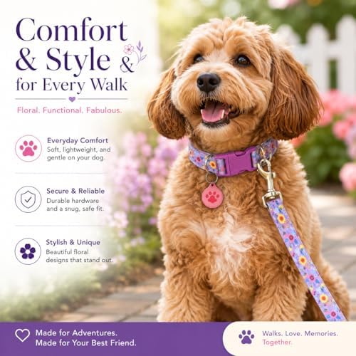 Floral Matching Dog Collar and Leash Set with AirTag Holder-Purple Daisy/L