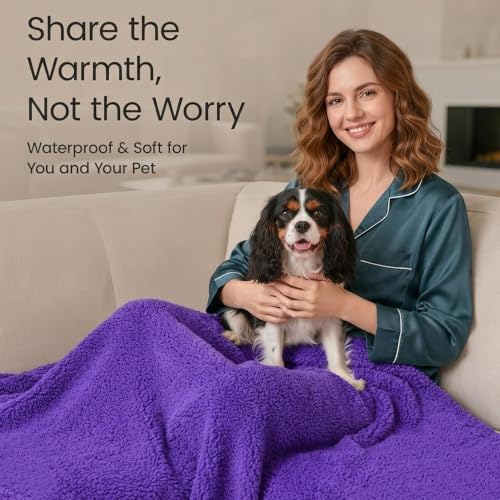 Waterproof Dog Blanket Sherpa Fleece Blankets Pet Blankets Bed Blanket Liquid Pee Proof Throw Blanket for Couches Beds Sofa Reversible Furniture Protector Cover 85x85in Cozy Washable Purple