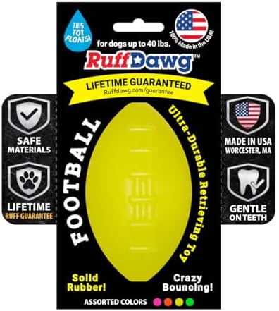 Ruff Dawg Indestructible Football Medium 4” Yellow – Heavy-Duty Solid Rubber Dog Fetch Toy for Dogs Up to 40 lbs – Floats & Crazy Bounce – Made in USA
