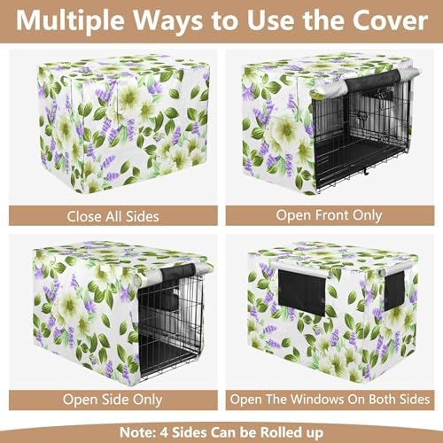 Kigai Floral Dog Crate Cover Oxford Fabric Windproof Waterproof Kennel Cover with Breathable Mesh & Roll-Up Panels, Fit for 41 in Cage, Washable