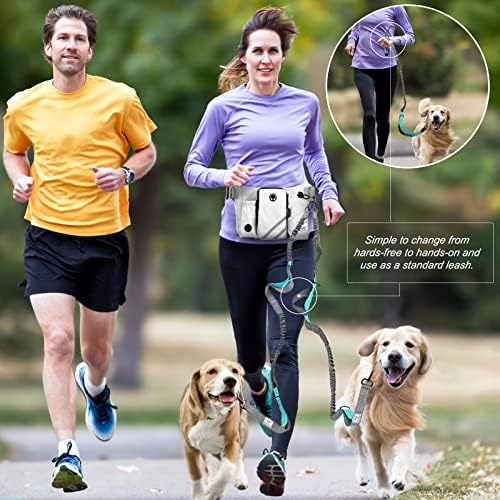 SHINE HAI Retractable Hands Free Dog Leash with Dual Bungees for 2 Dogs, Adjustable Waist Belt, Reflective Stitching Leash for Running Walking Hiking Jogging Biking Black - Gray2