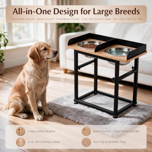 Elevated Dog Bowls for Large Breeds & Great Danes, 5 Adjustable Heights 16.1"-21.7" Raised Bowl Stand with Splash Guard, 2×4L 304 Stainless Steel Bowls, Wood & Metal, Non-Slip