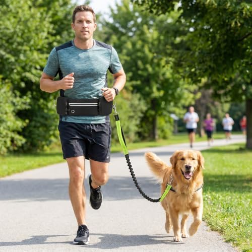 Hands Free Dog Leash 3 Zipper Pounchs with Reflective Strips Poop Bag Dispenser,Waterproof Dog Walking Belt,Dual Handles and Durable Bungee,Waist Leash for Dog Walking,Jogging and Running