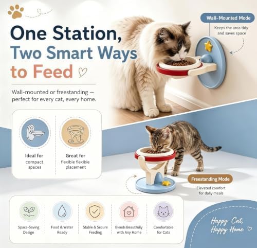 2-in-1 Elevated Ceramic Cat Bowl Wall-Mounted or Floor-Standing, Anti-tip Design Adjustable Height with Foldable/Removable Stand Suitable for Cats and Small Dogs (2Pc Green)