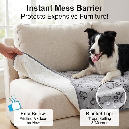 Waterproof Dog Blanket for Couch Bed, Reversible Sherpa Fleece Pet Blanket with Cute Paw Print, Leakproof Furniture Protector for Puppies Small Medium Large Dogs Cats, Machine Washable, 30"X40"